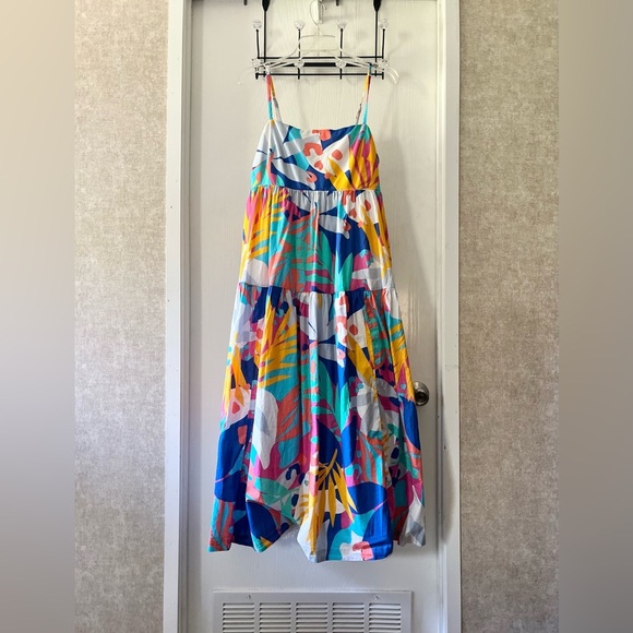 J. Crew Multicolor Tropical Leaf Print Maxi Dress with Back Tie and Pockets - Picture 2 of 9